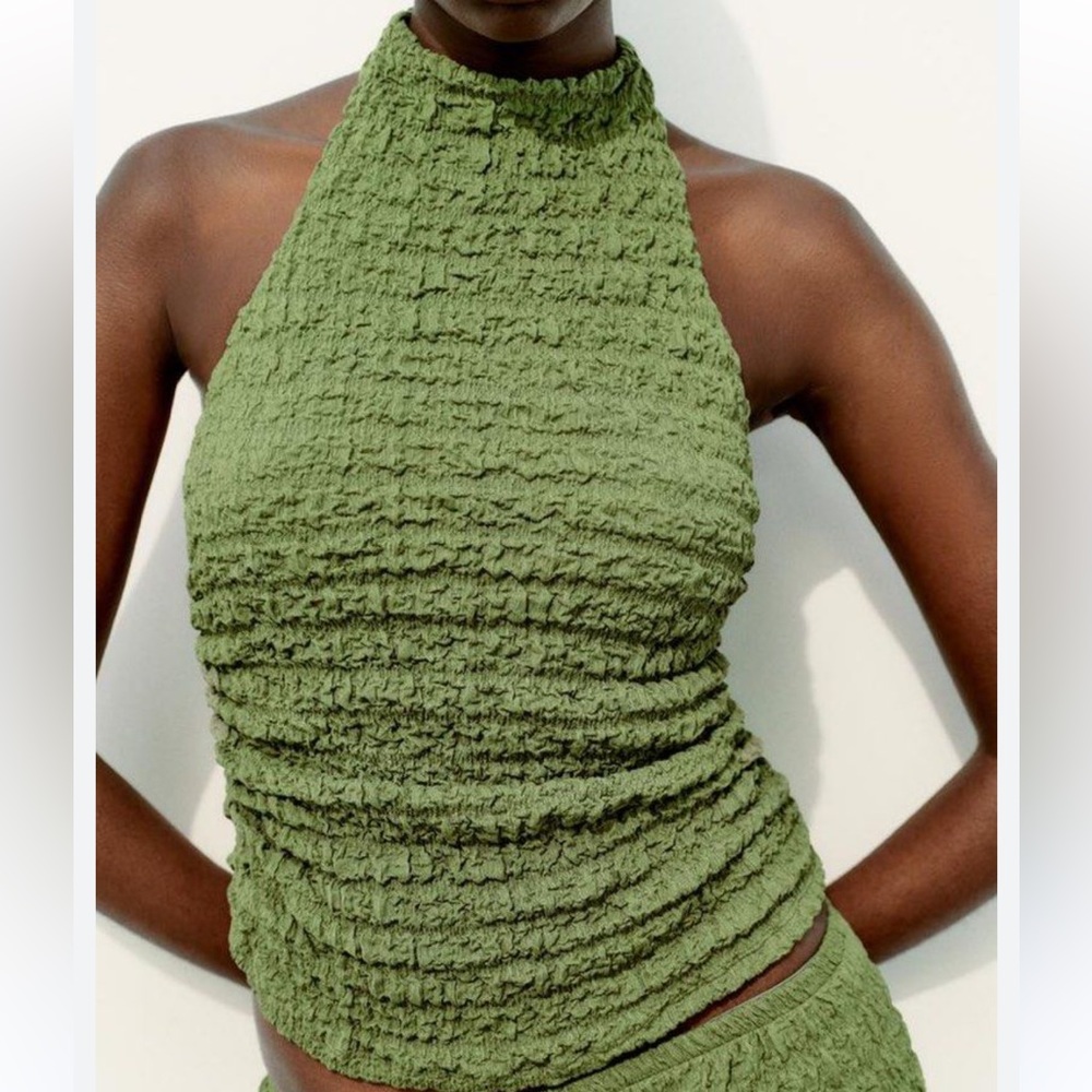 Zara Olive Green Smocked Halter Tank Top